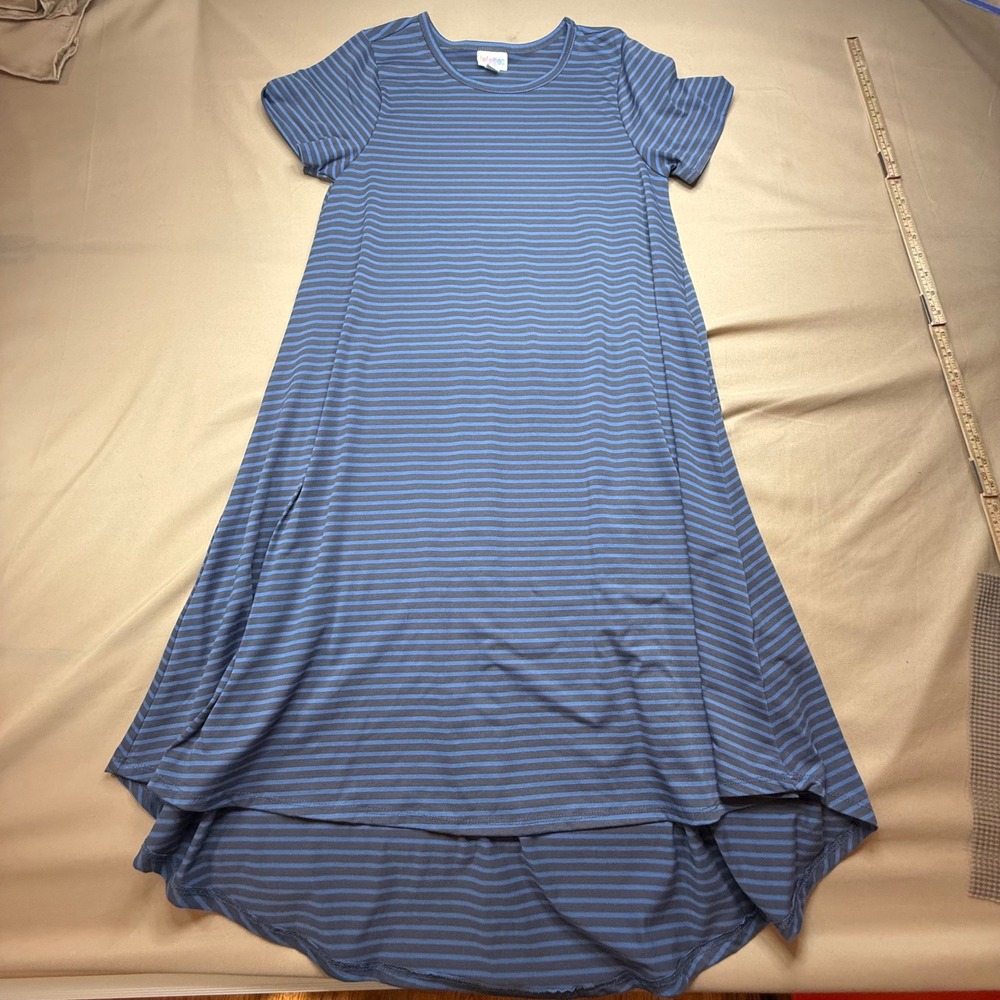 LuLaRoe Carly Dress Womens XS Blue Grey Striped Short Sleeve High Low Swing